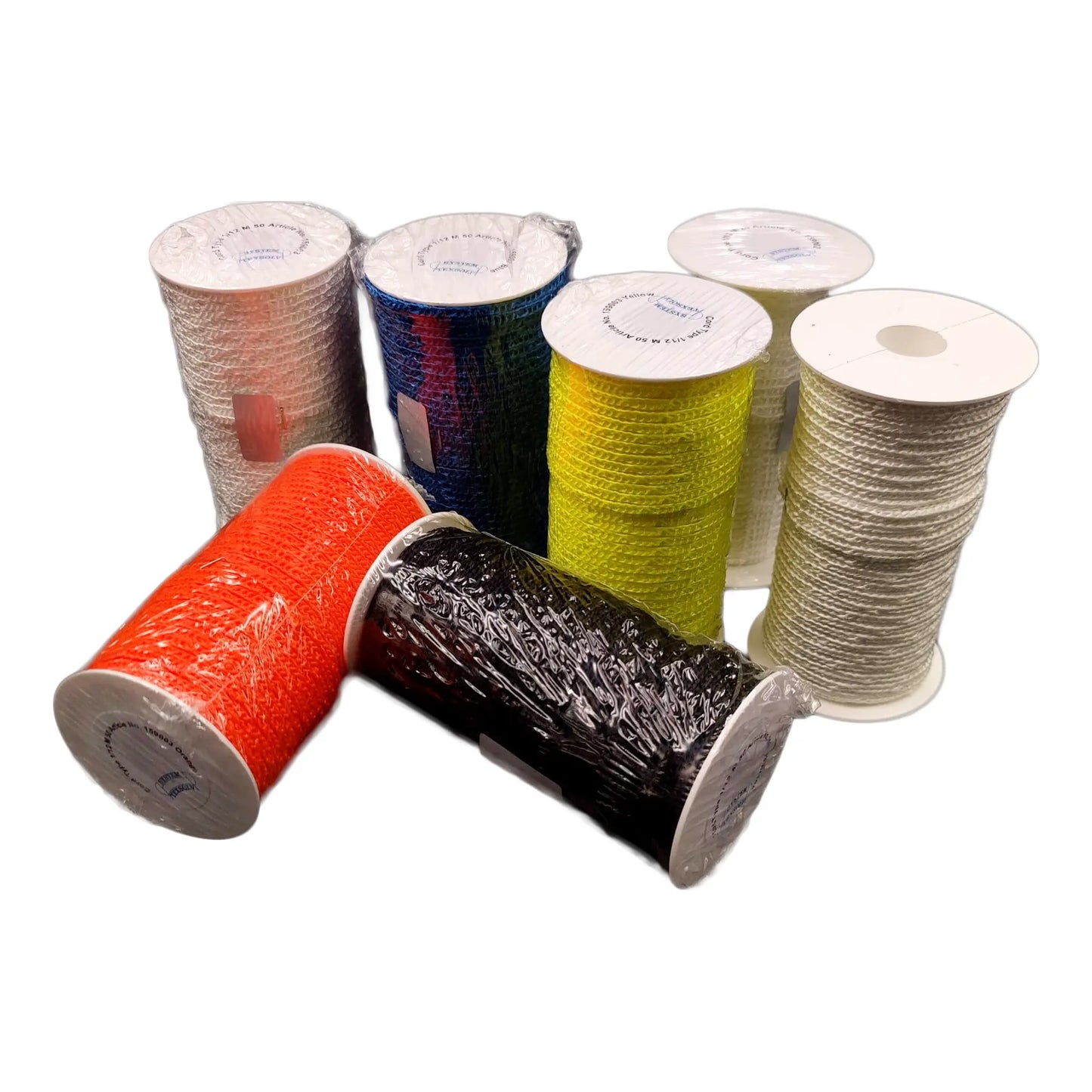 Mehrfarbige Texsolv Schlaufenschnur aus Polyester auf Spulen – robuste Bindeschnur für Webstühle, in verschiedenen Farben, auf weißem Hintergrund.